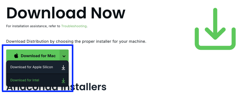 Figure 2. Anaconda download button: Select either Apple Silicon or Intel version (GUI installer)