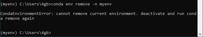 Figure 7. Anaconda virtual environment deletion not possible