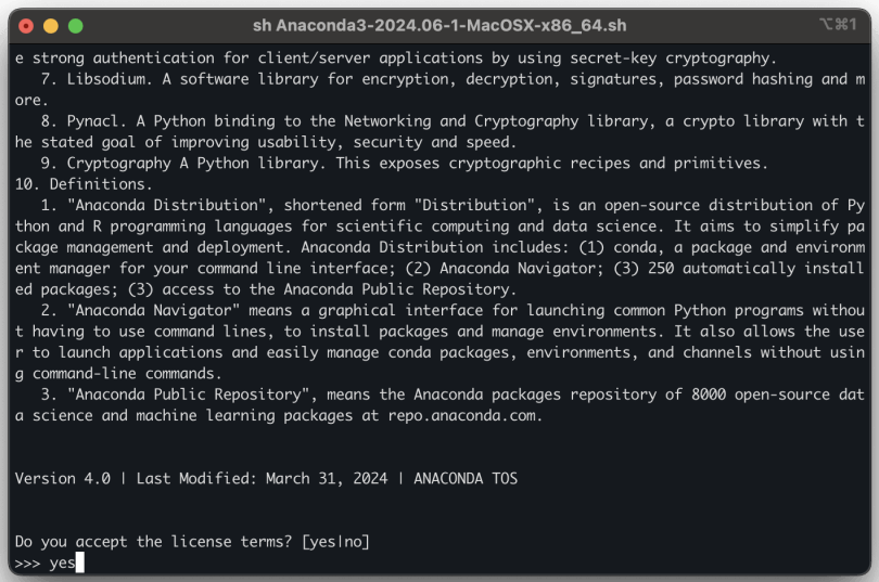 Figure 18. Agreeing to the terms during Anaconda installation (CLI)