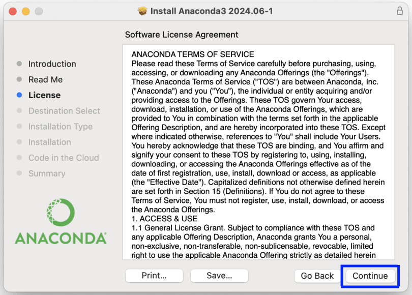 Figure 7. Anaconda software license agreement (GUI)