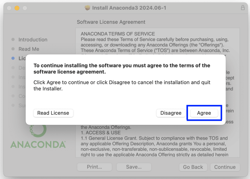 Figure 8. Agreeing to the terms during Anaconda installation (GUI)