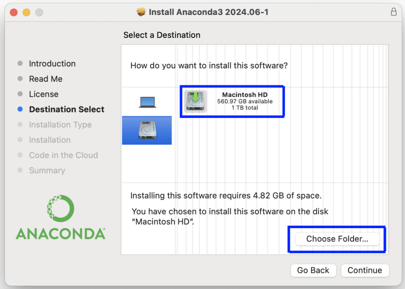 Figure 10. Selecting the disk and folder for Anaconda installation (GUI)