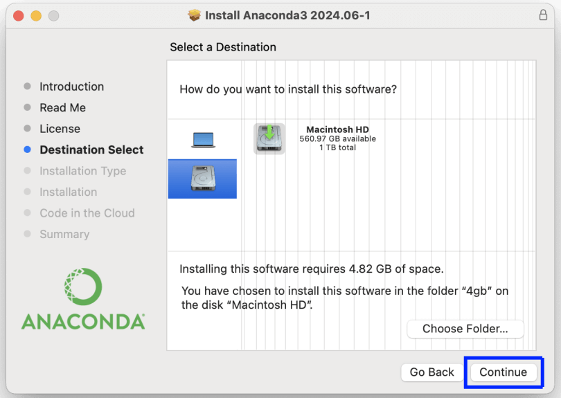 Figure 12. Completing the disk and folder selection for Anaconda installation (GUI)