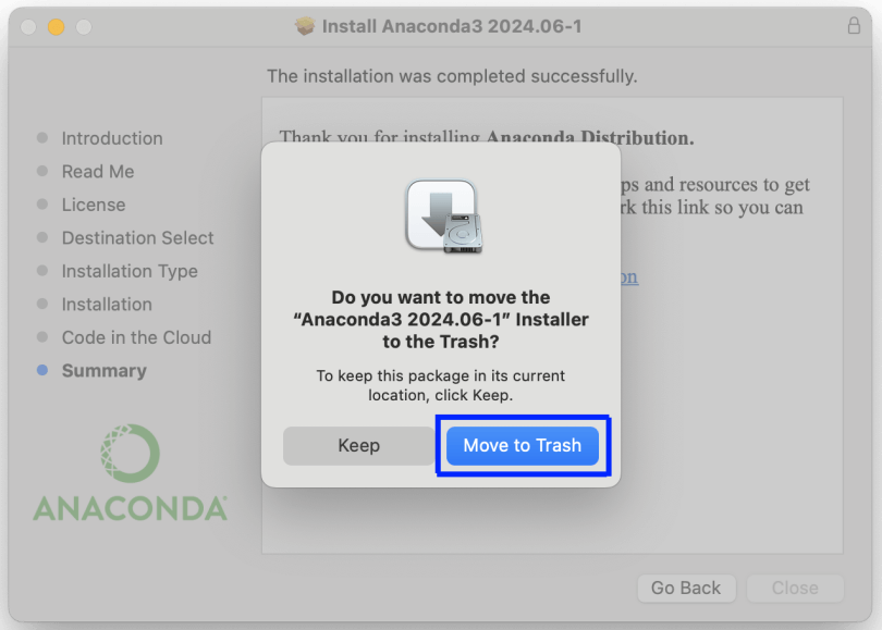 Figure 16. Moving the Anaconda installation package to the trash (GUI)