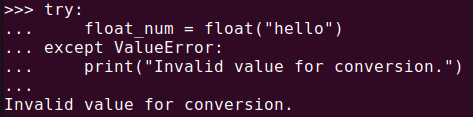 Figure 4. Exception handling when the float() function cannot convert a string