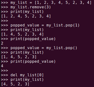 Figure 5. Removing elements from a list using remove(), pop(), and del in Python