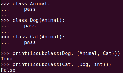 Figure 2. Providing multiple parent classes as a tuple to Python’s issubclass()