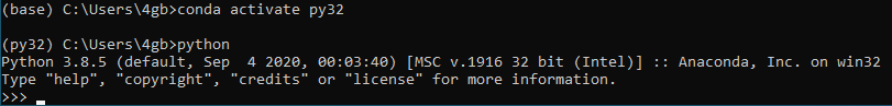 Figure 2. Running Python in the 32-bit Anaconda environment