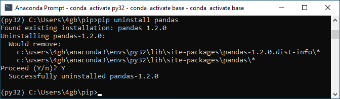 Figure 2. Uninstalling a package with pip uninstall