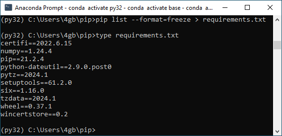 Figure 5. Creating a requirements.txt file with the --format=freeze option in pip list