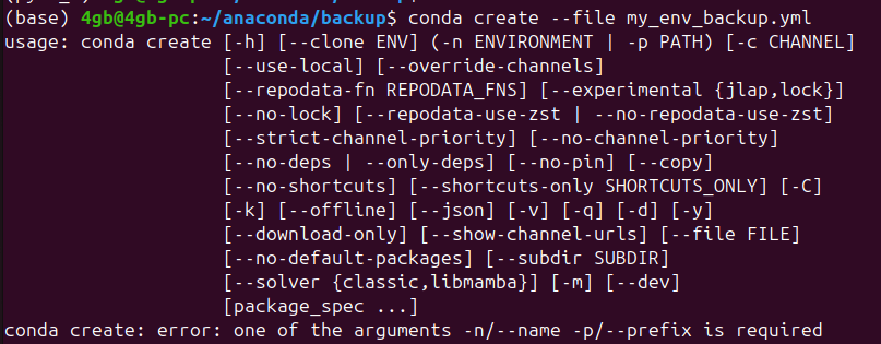 Figure 5. Error message encountered when incorrectly using the conda create command