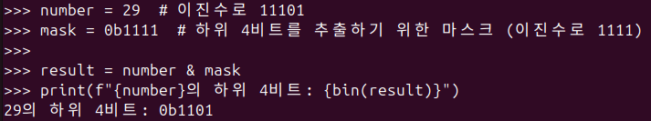 그림 4. 파이썬 bin() 함수를 활용해서 비트 마스킹 결과 확인