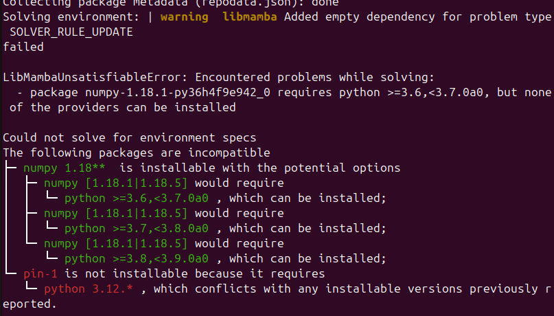 Figure 3. Compatibility error when attempting to install a specific version using conda install.