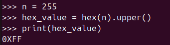 Figure 5. Converting numbers to uppercase hexadecimal using Python hex() and upper() functions