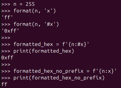 Figure 4. Converting numbers to hexadecimal using f-strings or format()