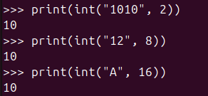 Figure 4. Converting binary, octal, and hexadecimal numbers to decimal using the Python int() function