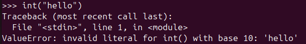 Figure 5. ValueError message for a value that cannot be converted using the Python int() function