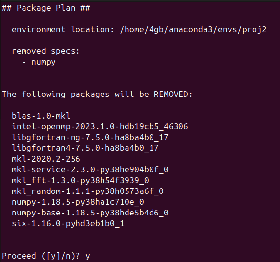 Figure 1. Removing the numpy package with conda remove, asking whether to delete dependencies as well