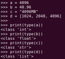 Figure 2. Checking int, float, str, and list types using Python type()