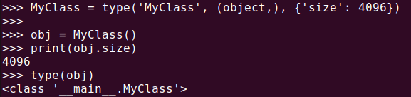 Figure 4. Dynamic class creation and verification of class using Python type()