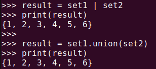 図4. Python set: |演算子またはunion()メソッドで和集合を求める