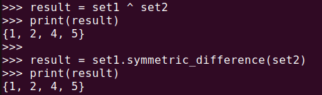 図7. Python set; ^演算子またはsymmetric_difference()メソッドで対称差集合を求める