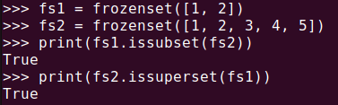 그림 5. 파이썬 frozenset(): issubset()으로 부분집합 확인 및 issuperset()으로 상위집합 확인
