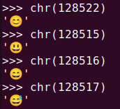 図3. Python chr() で Unicode を使用して絵文字 😊😃😄😅 を出力