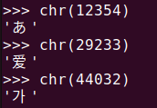 図2. Python chr() で Unicode を使用して日本語、中国語、韓国語を出力