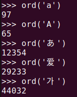 그림 1. 파이썬 ord() 함수로 문자의 유니코드 값 확인하기