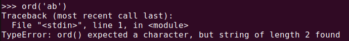 그림 2. 파이썬 ord() 함수에 2자 이상의 인자를 넘겨줬을 때 발생하는 TypeError